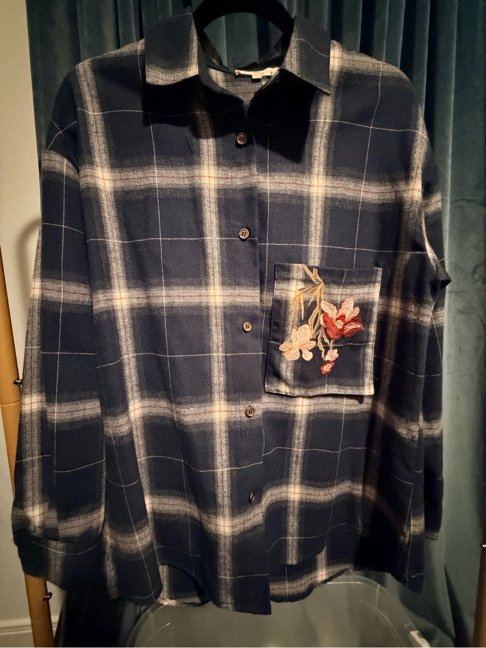 entro Navy Plaid Button-Up Shirt Jacket with Embroidered Pocket